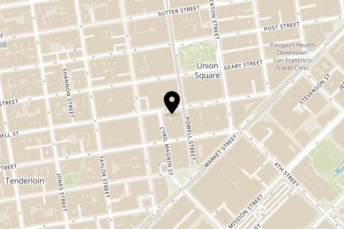 Map showing the location of HINODEYA Ramen & Bar Union Square on 219 O'Farrell St in San Francisco